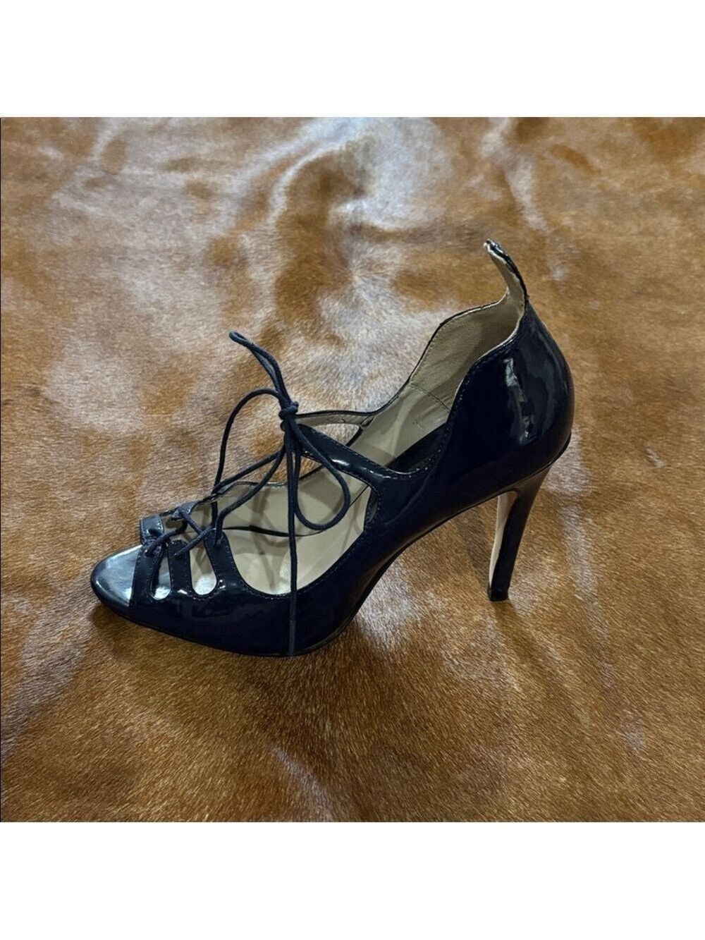 Zara Blue Patent Lace-Up Peep Toe Heel - Size 37 Euro - Picture 4 of 7